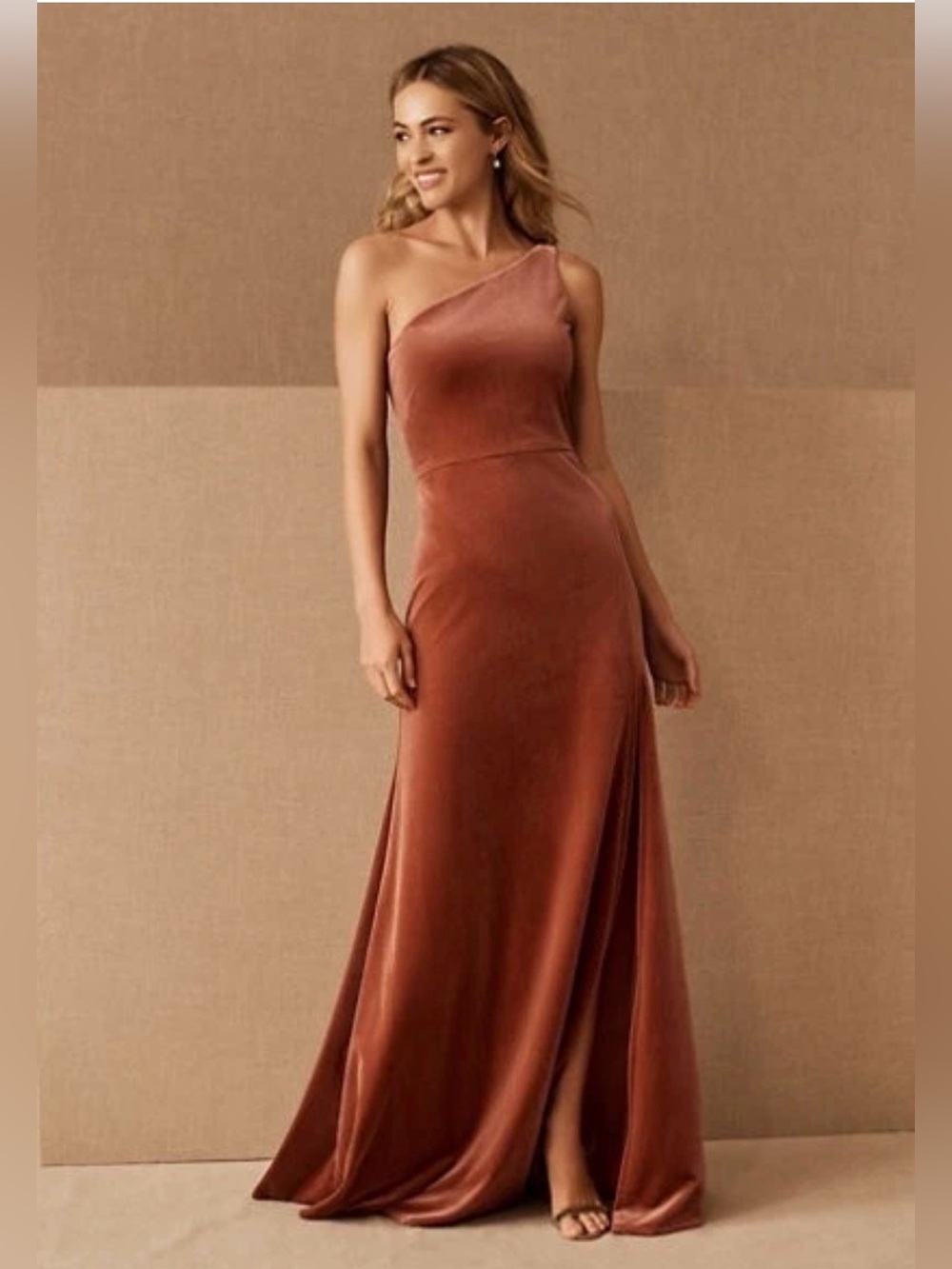 Jenny Yoo Cybill Gown Dress Size 10 English Rose Velvet One Shoulder